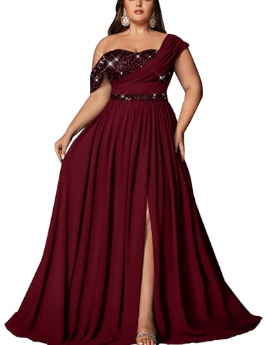 VOUIAO Women Sequin Plus Size Bridesmaid Dresses Formal Dress BurgundyL | One Shoulder Chiffon A Line Evening Gown,High Slit Curvy Summer Dress,Prom Wedding Guest Cocktail Party Mother of the Bride