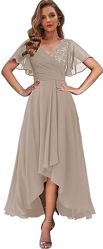 DEOTTEI Short Sleeve Mother of The Bride Dresses Beach Wedding Tea Length Chiffon Evening Gowns for Women Formal Taupe Size 16