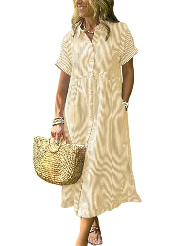ebossy Women's Boho Striped Shirt Dress Button Up Side Slit Loose Mid Long Cotton Dress with Pockets (S, Yellow)
