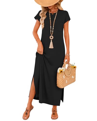 AUSELILY Women Black Maxi Dress Short Sleeve Loose Split Wrinkle-Free Beach Travel Vacation Long Sundress with Pockets Black M