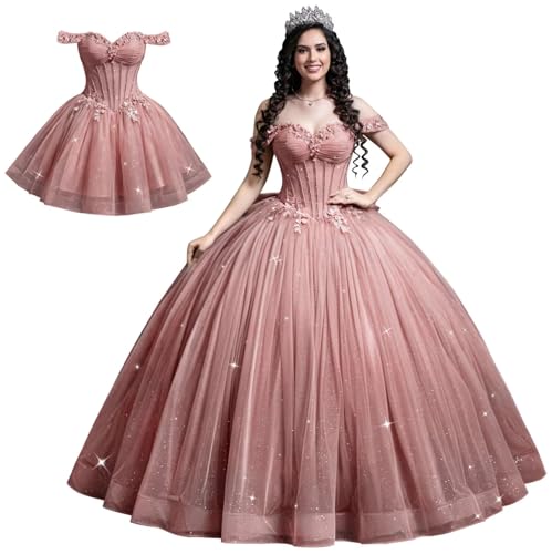 Mauuwy Convertible Two Piece 3D Flowers Quinceanera Dresses Dusty Rose