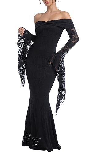 MERMAID'S CLOSET Off Shoulder Lace Maxi Dress Bell Sleeve Wedding Black