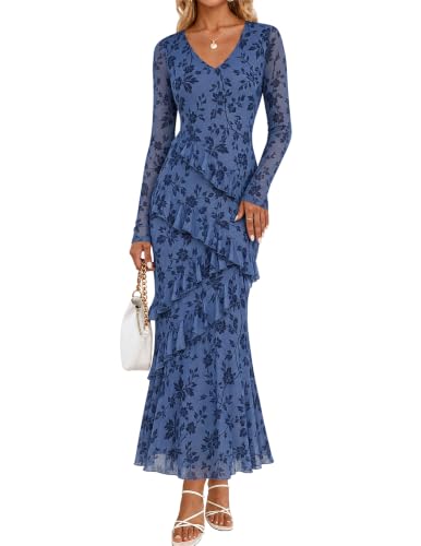 MEROKEETY Women Fall Floral Long Sleeve Bodycon Maxi Dress, Dustyblue, XL