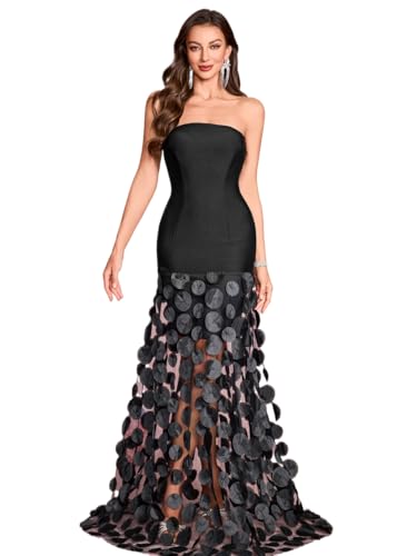 Women's Natural Strapless Dress Bustier Slim All Black Top Splicing White Polka Dot Net Yarn Gown(All Black,S)