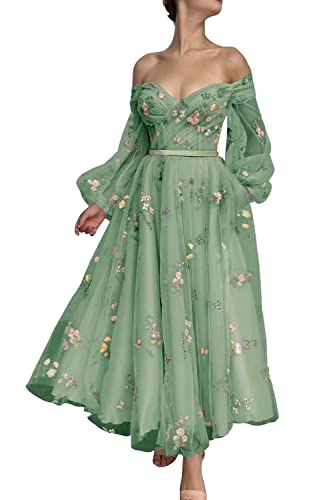 UZN Puffy Sleeve Tulle Prom Dresses Tea-Length Green Flower Pattern Lace Womens Formal Evening Party Gowns Spring with Pockets Size6