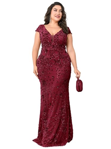 Plus Size Womens Sequined Long Evening Gown Glamous Sleeveless V-Neck Mermaid Prom Dress for Wedding Party Burgundy 20