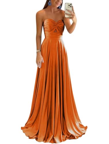 dxazd Sweetheart A-Line Corset Long Prom Dresses with Pockets 2026 Satin Strapless Keyhole Ruched Bridesmaid Dress Orange 2