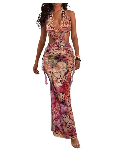 WDIRARA Women's Halter Cut Out Dress Floral Cheetah Print High Slit Dresses | Asymmetrical Hem ,Sexy , Mesh, Ruffle,Vacation, Beach, Crossed Flower Leopard, Small