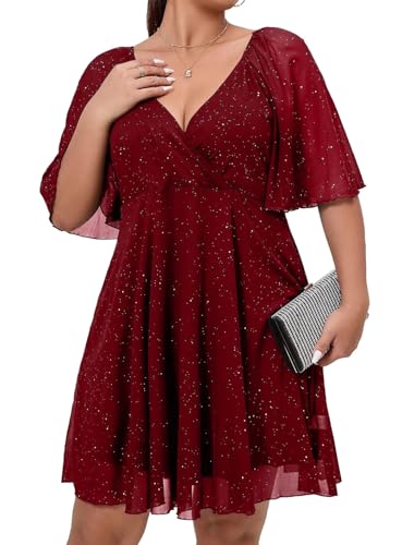 887 - Plus Size Short Sleeves Wrapped V Neck Sequins Glitter Skater Style Cocktail Evening Club Dress (Burgundy Flutter Sleeves, 1X)