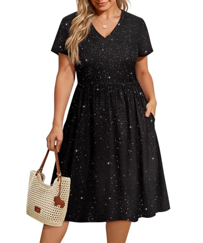 CARCOS Plus Size Dresses for Curvy Women Black Glitter Short Sleeve Party Dress V Neck Elegant Dress with Pocket Midi Summer Sparkle Cocktail Dresses 2XL 18W 20W