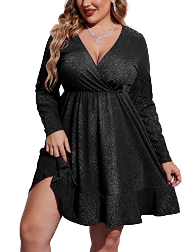IN'VOLAND Plus Size Women's Sequin Glitter Dress V Neck Skater Mini Club Cocktail Party Swing Dress Black 26Plus