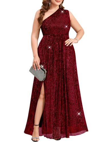 Plus Size Sequin Evening Gown Formal Dress One Shoulder Sparkly Glitter Gala Ball Gown Prom Cocktail Party, Burgundy, 5X
