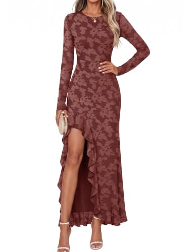 MEROKEETY Womens Fall Wedding Guest Dress Formal Maxi Dresses, WineRed, L