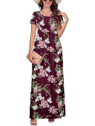 DEARCASE Maxi Dress for Women Flower Wine Red XX-Large Crewneck Boho Short Sleeve A-line Casual Hawaiian Flowy Party Spring Summer Beach Long Dresses with Pockets