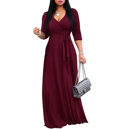 FANDEE Women's Maxi Dress Summer Long Dress V-Neck 3/4 Sleeve with Pockets | semi formal dress,church,work,tea party,wedding guest dress,suitable for all four seasons,plus size dress