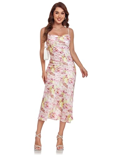 Women's Spaghetti Strap Midi Satin Silk Dresses Slip Cowl Neck Party Cocktail Evening Sexy Dress
