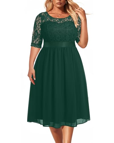 Pinup Fashion Plus Size Lace Chiffon Wedding Guest Dresses Women Cocktail Party Midi Dress Green Size 18 Plus Half Sleeve