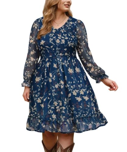 RITERA Plus Size Dresses for Curvy Women 3X Chiffon Long Sleeve Fall Dress | Plus Size Dresses For Curvy Women Chiffon Navy Blue Floral Cocktail Long Sleeve Dress Summer Fall Formal Dress 3XL 22W 24W