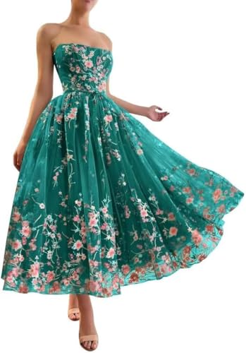 Jamille Floral Gowns Tea Length Prom Dresses for Women Formal Dress Tulle Evening Gown 2026 Tulle Strapless Flower Embroidered Sleeveless A-Line A Peacock 8 JA0011