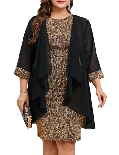 ZOMVA Plus Size Sparkly Formal Dress Suit 2 Piece Mother of the Bride Groom Chiffon Jacket Outfit Cocktail Evening, Gold & Black, 1X