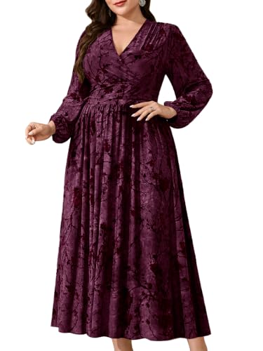 Plus Size Wrap Floral Dress Puff Sleeves Midi A-line Tiedye Foraml Fall, Plum Purple, 5X