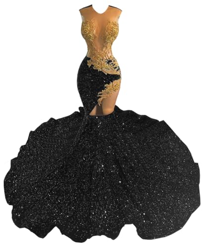 MTVOPN Sparkly Rhinestone Sequin Prom Dresses Beaded Applique Hollow Mermaid Pageant Gala Evening Party Gown Black