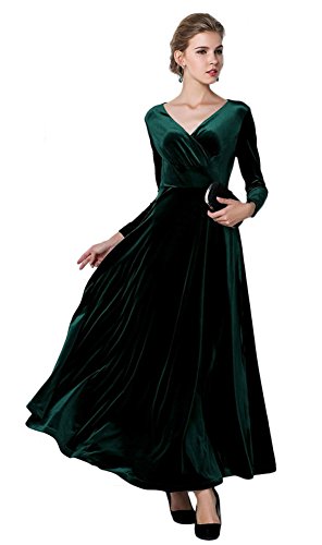 EXCHIC Women's Elegant Velvet Long Sleeve Maxi Dress Evening Party Dancing Dresses (L, Green)