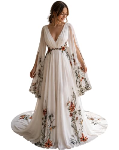 Boho Floral Wedding Dress V Neck Cape Sleeve A-Line Bridal Gown with Train White