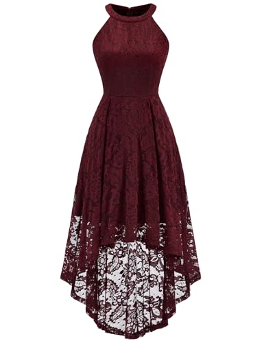 Dressystar Women Halter Lace Wedding Guest Cocktail Dress Burgundy XXL | High Low Bridesmaid Formal Wedding Dresses,Sleeveless,Halter Top Neckline,Elegant A line Design,Soft floral Lace Party Dress