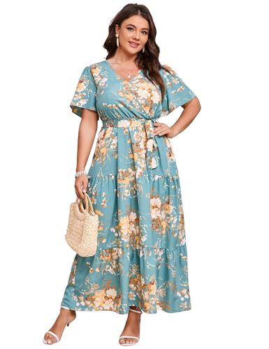 KOJOOIN Women Plus Size V Neck Wrap Maxi Dress Short Sleeves High Waist Ruffle Summer Casual Dress with Belt Green Floral 2025 4XL