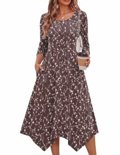 Zeagoo 3/4 Sleeve Women Dresses Casual Aline Midi Dress with Pockets Round Neck Flowy Boho Sundress Vocation Beach Outfits Coffee XXL