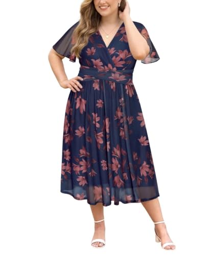 RITERA Plus Size Dress for Curvy Women 2X Blue Floral Wedding Guest Dresses