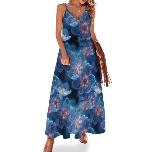 BarbedRose Womens Casual Summer Dresses Floral Sundress Long Dress Beach Vacation Clothes,Galaxy Bluebell,XL