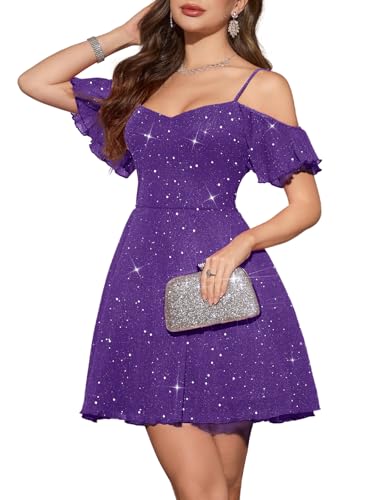 Meetjen Sparkly Tulle Short Homecoming Dress for Women, Purple, M