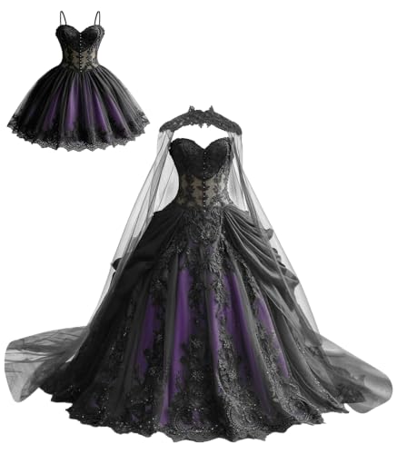 Mauuwy Tiered 2 in 1 Wedding Gown Dusty Purple & Black Bride Dress Size 4 | 2 Pieces Black Quinceanera Dress, Smooth Layered Fabric, Short Dress for Prom, Sweet 15th Birthday