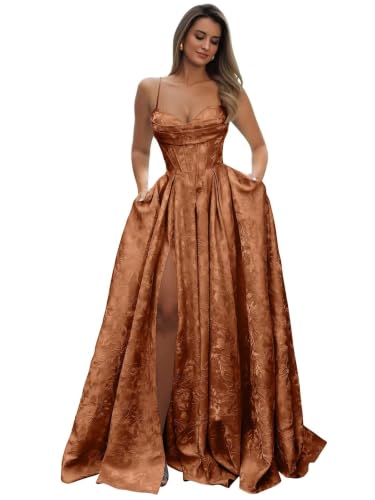 Satin Burnt Orange Jacquard Prom Dresses 2026 with Pockets Long Gown | Spaghetti Straps Aline Corset Evening Dress for Women Pleated Sweetheart Gergeous Formal Party Ball Gowns 4