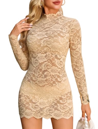 Lace Dress for Women Sheer Mesh Long Sleeve Bodycon Mini Dresses Nude S | Sheer see through floral lace lingerie dress, mock neck, for boudoir, nightwear, going out layering styling, club and party
