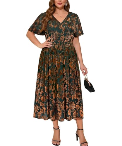 TIYOMI Plus Size Cocktail Dress Green 5X Velvet Maxi Dress Burnout Floral Dresses Formal Fall Dresses for Wedding Guest 5XL 28W