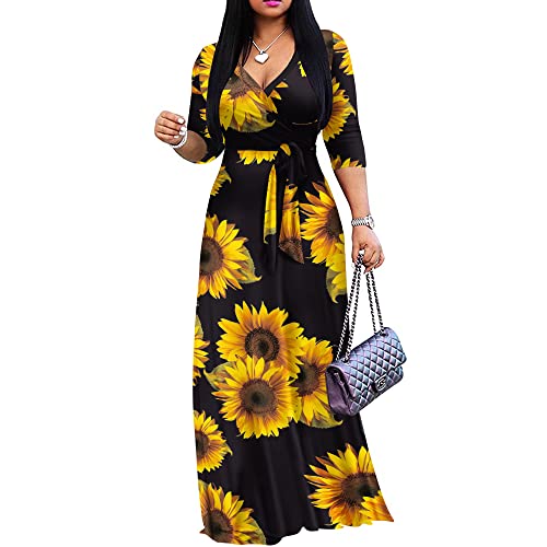 FANDEE Plus Size Maxi Dress for Women Casual Summer Sundress V-Neck 3/4 Sleeve(Sunflower,Large)
