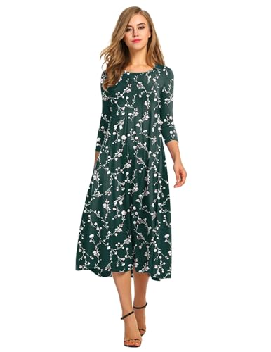 HOTOUCH Midi Dresses for Women Casual 3/4 Length Sleeve Womens Dress Floral Cotton Long Dress for Fall, L