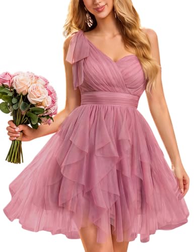 VOUIAO Women One Shoulder Tulle Bridesmaid Dress Formal Evening Gown Prom