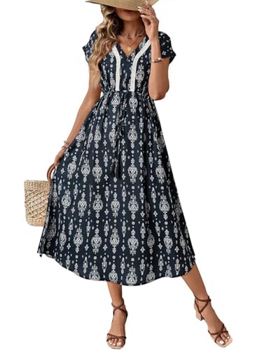 Dokotoo Floral Sundress for Women Loose Drawstring Waist Flowy Daily Cap Sleeve Summer Dresses for Women Lightweight Boho Summer Midi Dress Casual Vacation Outfits Resort Wear Navy Blue S