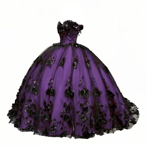 Mauuwy Gothic 3D Floral Appliques Quinceanera Dresses Purple Lace Up V