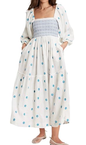 R.Vivimos Women's Cotton Floral Embroidered Boho Midi Dress, White, Medium