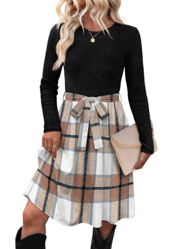 OFEEFAN Fall Outfits for Women Long Sleeve Tie Waist Dresses Crew Neck M