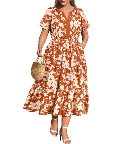 RITERA Plus Size Dresses for Curvy Women 3X Summer Short Sleeve Floral Casual Fall Dress Green Elastic Waist Vacation Maxi Ruffle Dress Wedding Guest Flowy V-Neck Sundress with Pockets 3XL 22W 24W