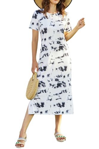 Naggoo Women's Short Sleeve Tshirt Long Dresses Tie Dye Print Split Maxi Dress with Pockets