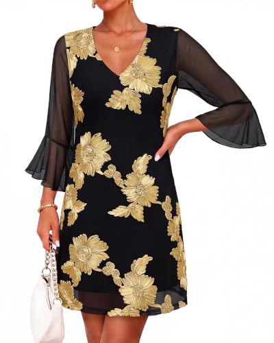 VALOLIA Cocktail Dresses for Women: Party Floral Mesh Elegant Mini Dress L | Evening Dresses for Women Formal 3/4 Sleeve Black Gold Hide Belly Dress for Special Occasion Holiday Festival Going Out