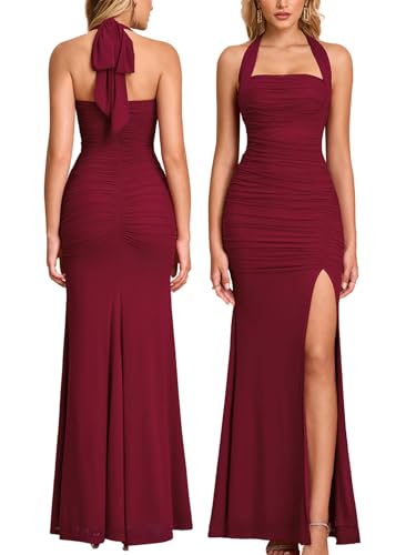 JKMNAO Women Halter Tie High Slit Wedding Guest Maxi Dress Wine