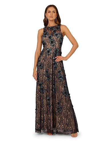 Adrianna Papell Women's Bead Lace Long Dress, Midnight Multi/Nude, 8